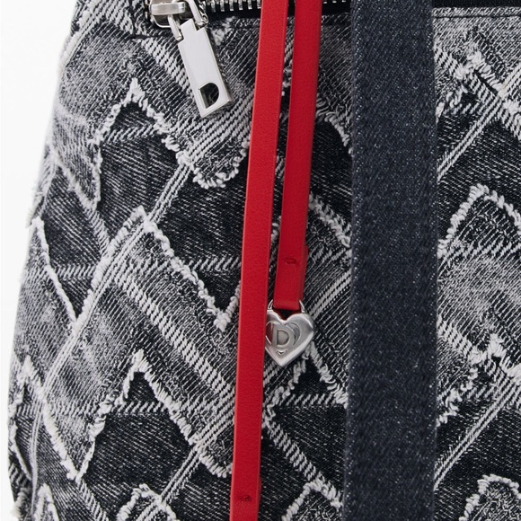 Gently Used Desigual Black Denim Quilted Effect Women's Bag with Red Charms - Picture 4 of 6